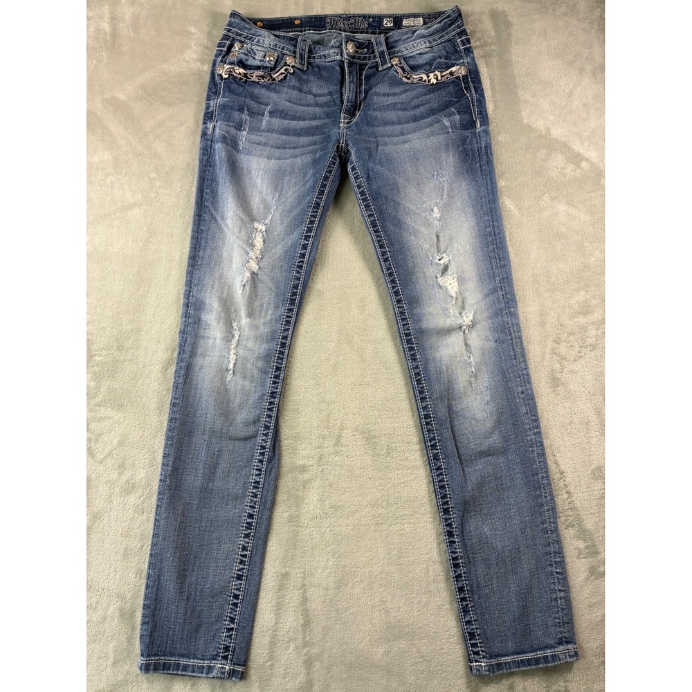 Miss Me Ankle Skinny Jeans JP5820AK2 Medium Wash Distressed Embroidered Size 29